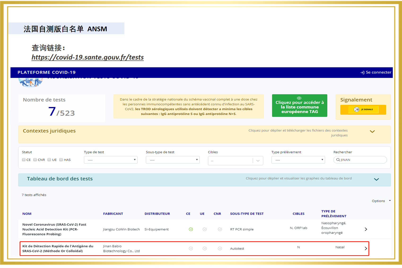 Produk pengujian mandiri antigen biologis Baibo melalui daftar putih Prancis